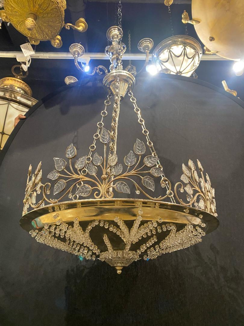 A circa 1930.s French silver-plated light fixture with 6 interior lights and beaded crystals