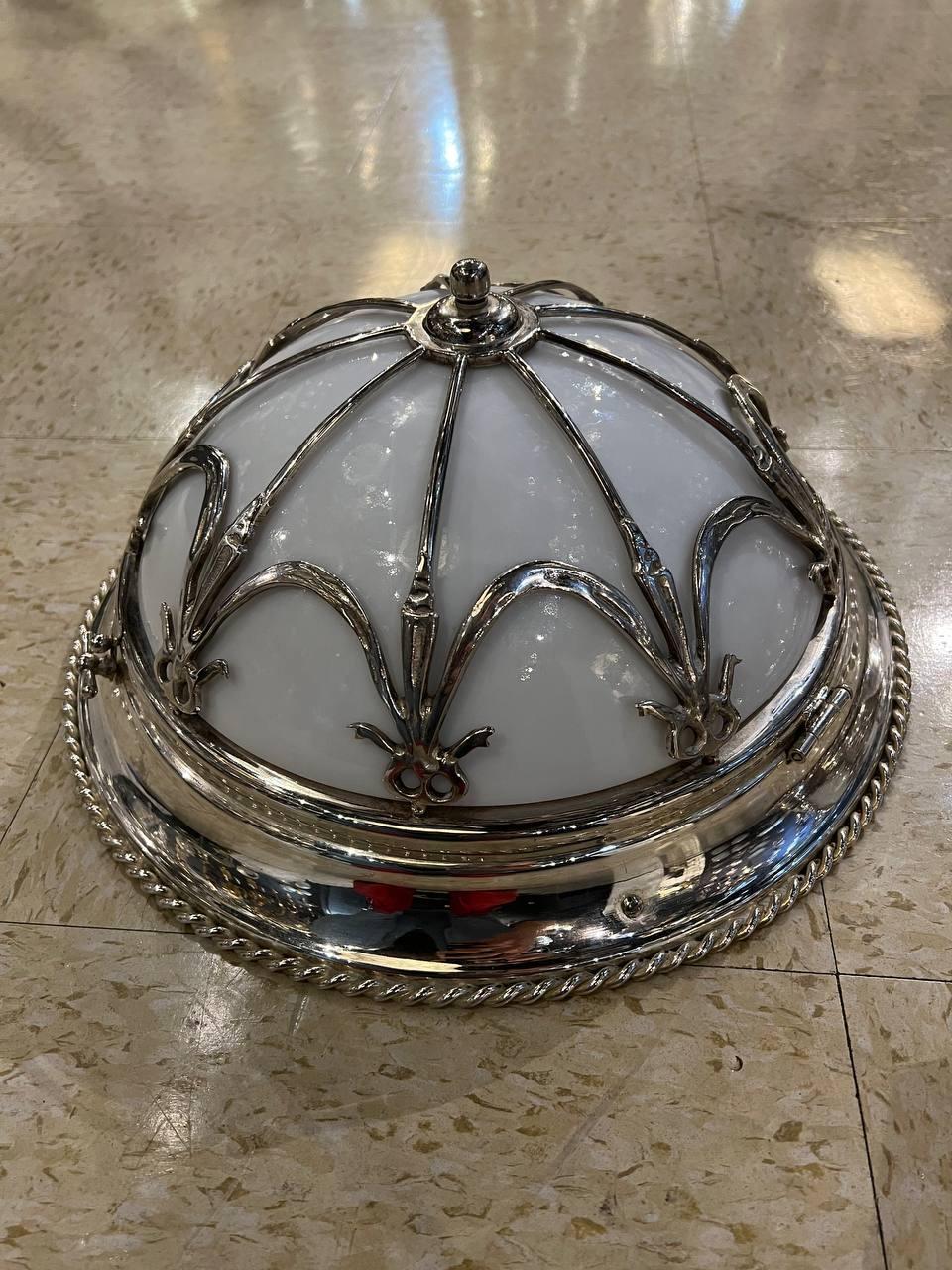 Neoclassical 1930's French Silver Plated Flush Mount with Opaline Glass For Sale