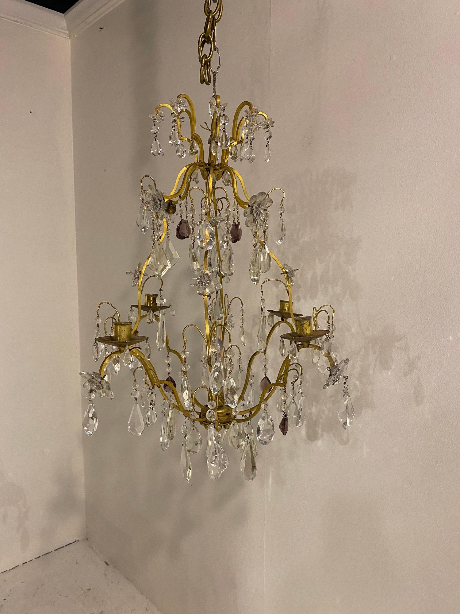 Circa 1930's French small Bagues chandelier with crystal flowers and amethyst colored crystals, 4 lights