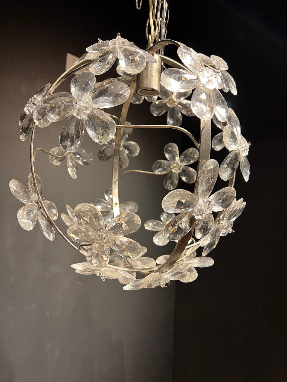 Mid-20th Century 1930s French Small Crystal Flower Light Fixture For Sale