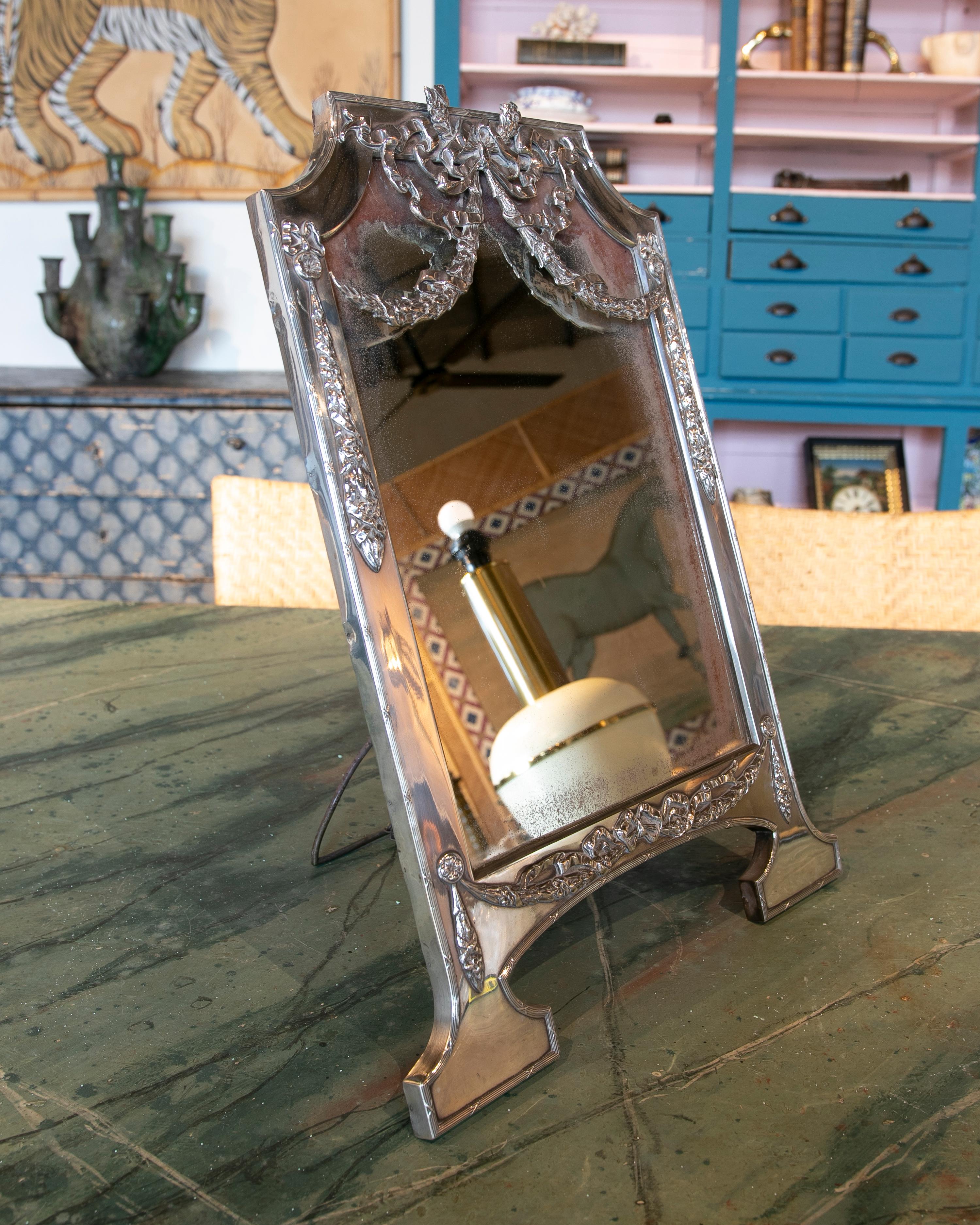 1930s French Table Mirror in Silver Plated Metal with Wooden Back.