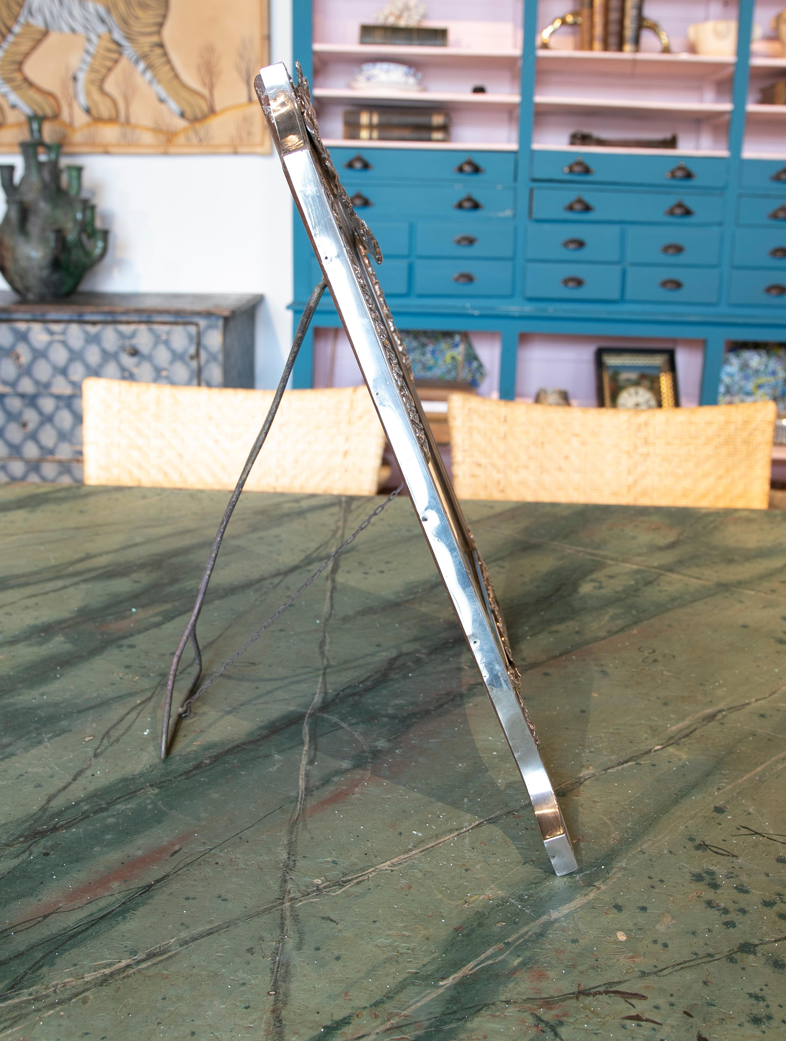 20th Century 1930s French Table Mirror in Silver Plated Metal with Wooden Back