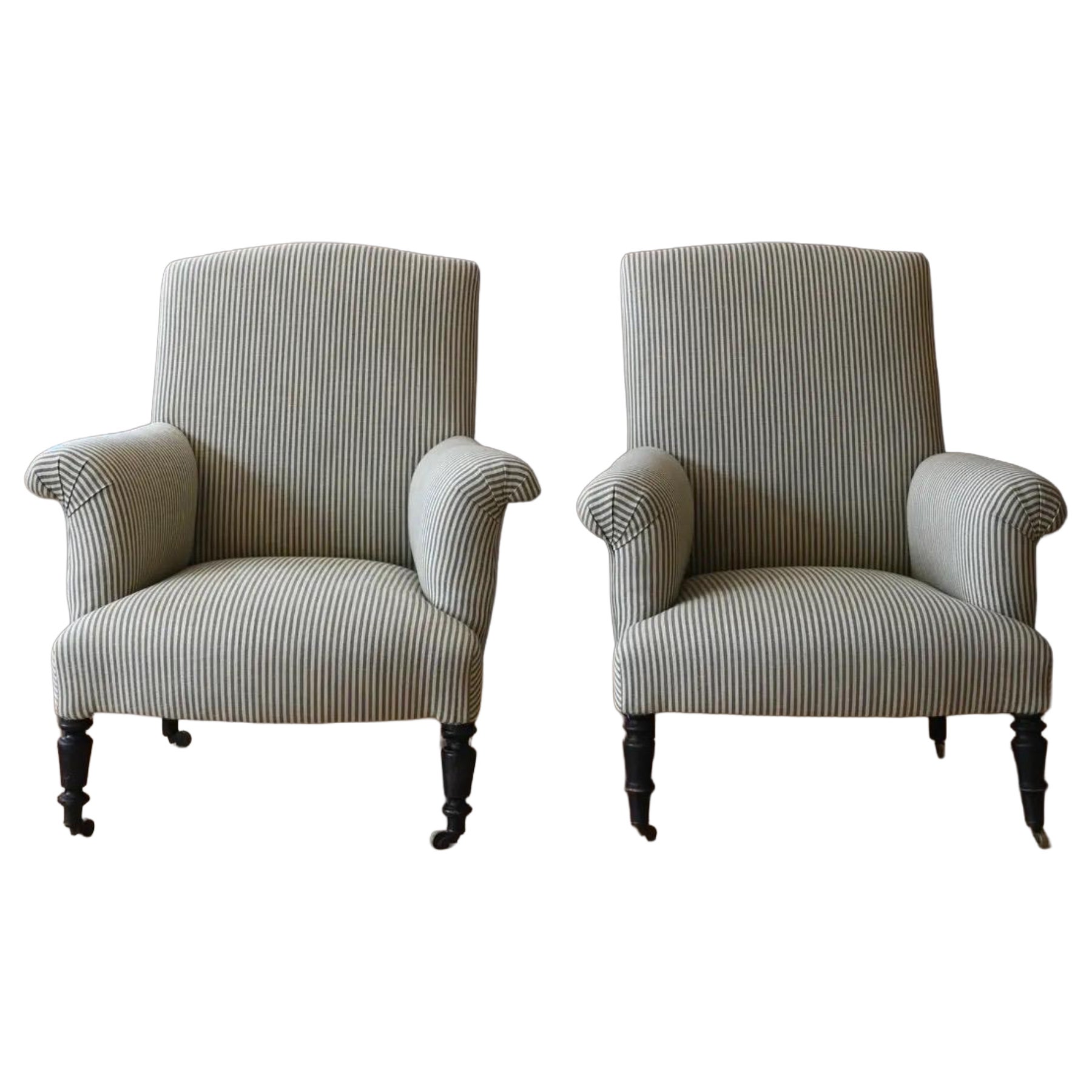 1930's French Upholstered Striped Lounge Chairs For Sale