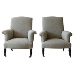 1930's French Upholstered Striped Lounge Chairs
