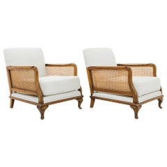 1930s French Vienna Straw Upholstered Wooden Armchairs, a Pair