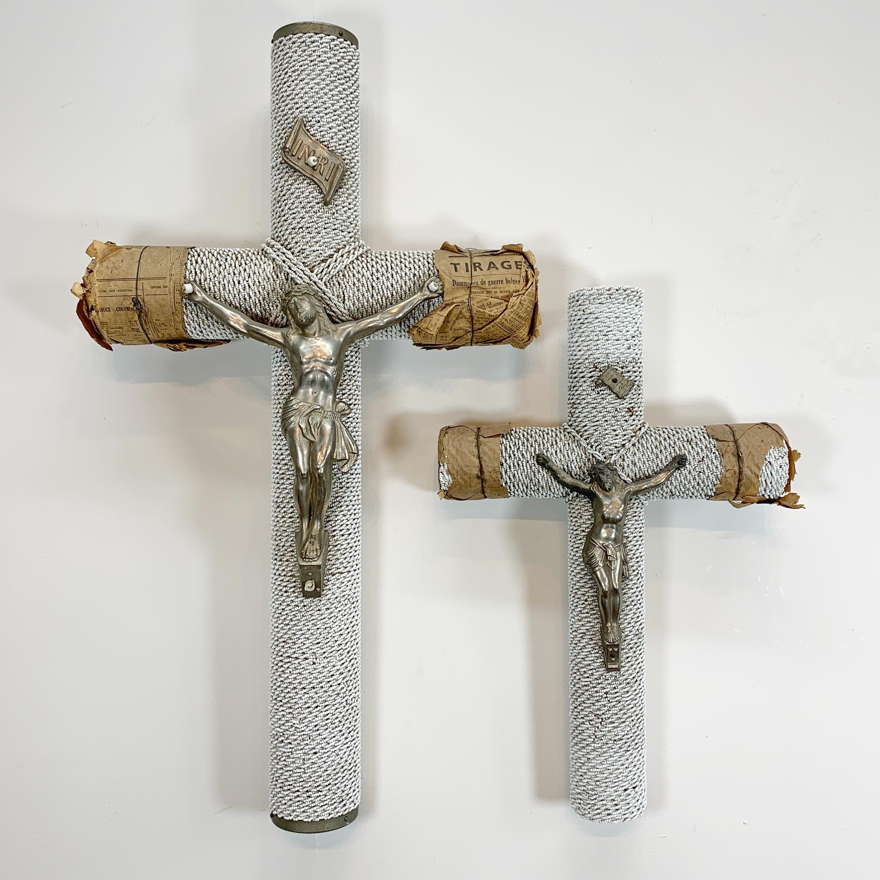  1930's French White Glass Bead and Zinc Memorial Crucifixes For Sale 5
