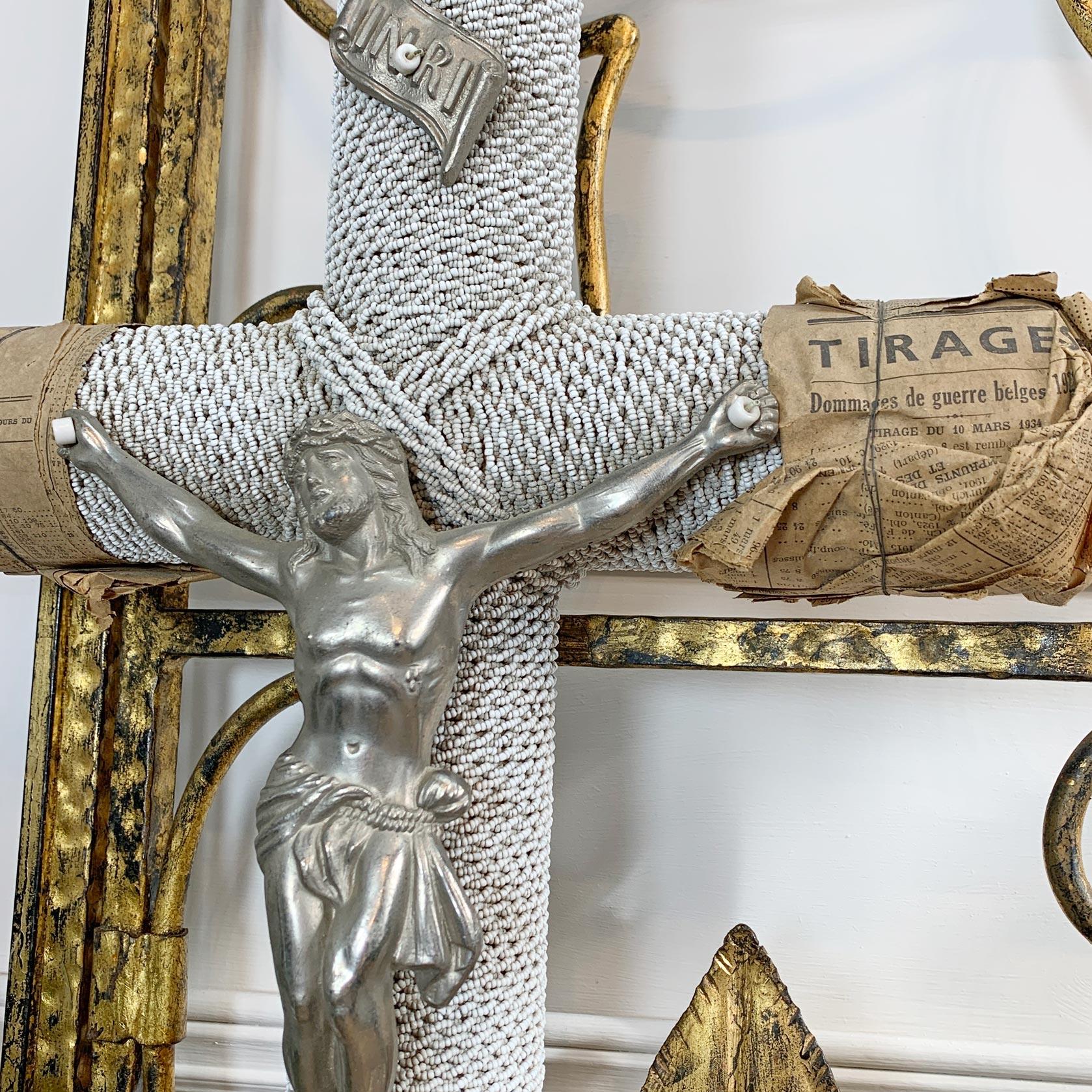 Hand-Crafted  1930's French White Glass Bead and Zinc Memorial Crucifixes For Sale