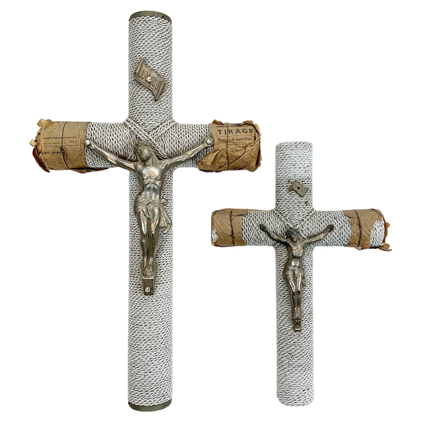  1930's French White Glass Bead and Zinc Memorial Crucifixes For Sale