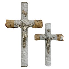 Vintage  1930's French White Glass Bead and Zinc Memorial Crucifixes