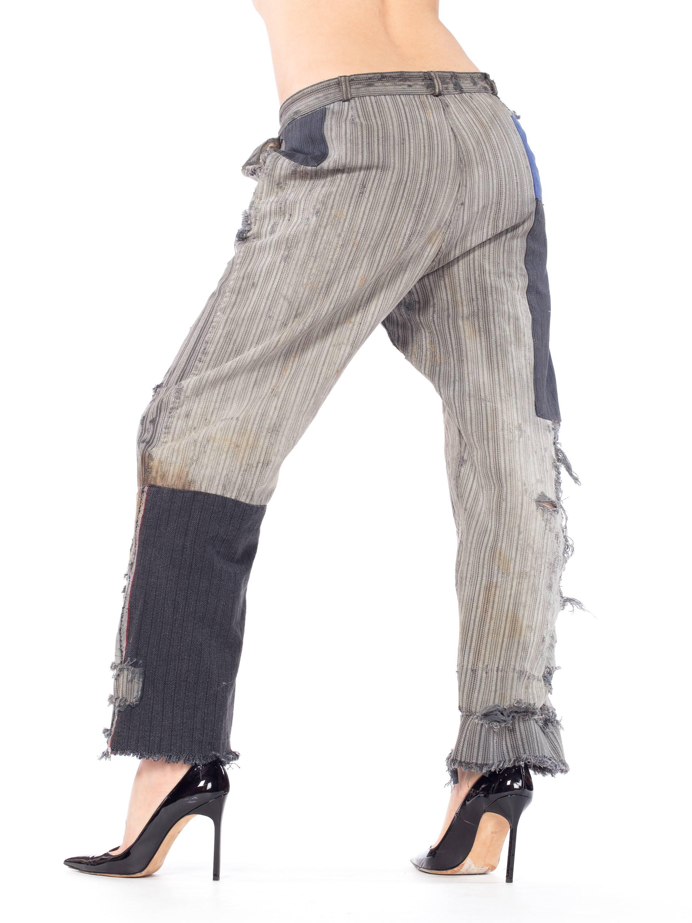 Gray 1930S Grey Cotton Railroad Stripe Men's Patched Distressed French Workwear Pants