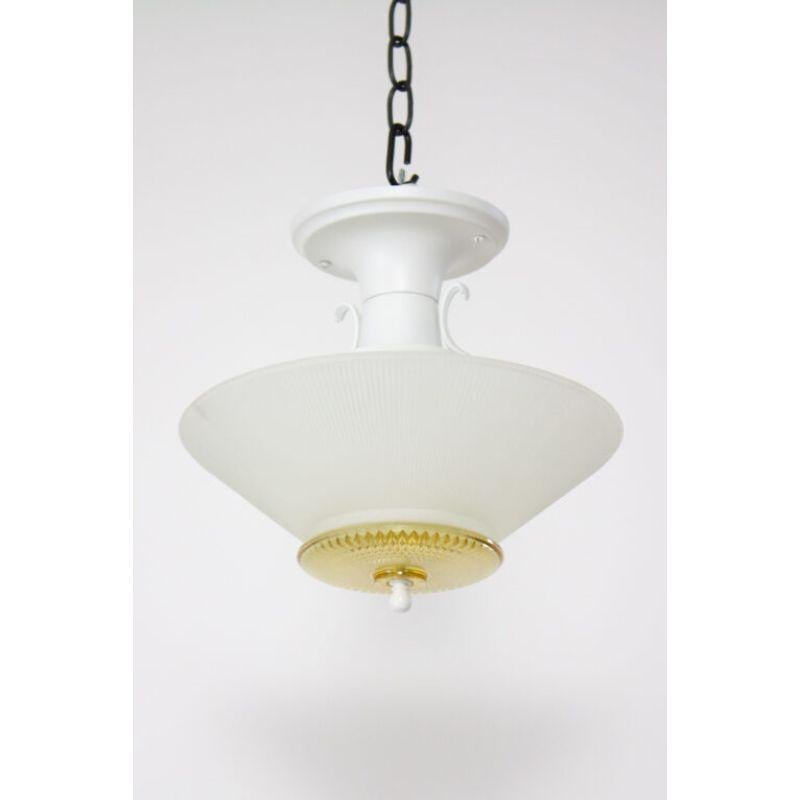 Hollywood Regency 1930’s Frosted Glass and White Painted Metal Semi Flush Pendant For Sale