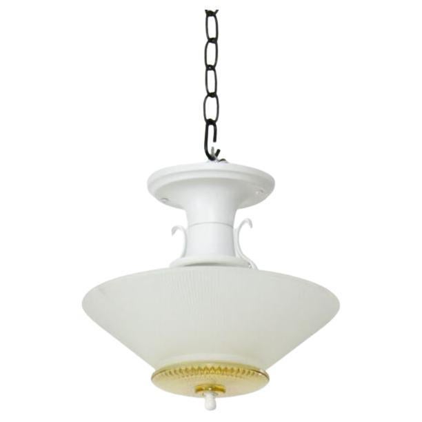 1930’s Frosted Glass and White Painted Metal Semi Flush Pendant For Sale
