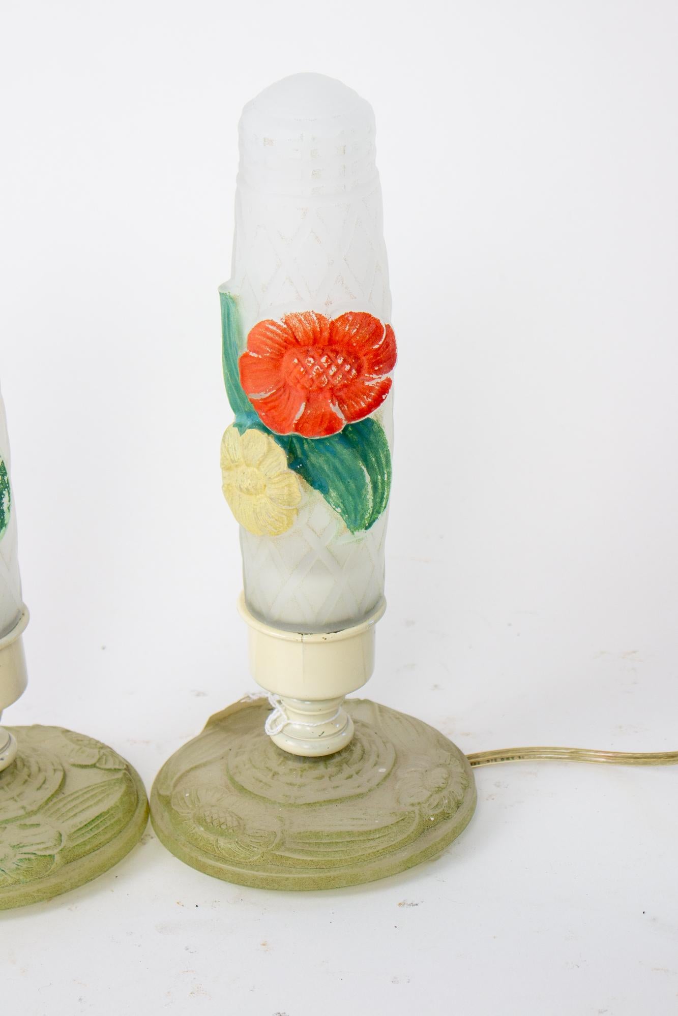 1930's Frosted Glass Floral Boudoir Lamps - a Pair In Fair Condition For Sale In Canton, MA