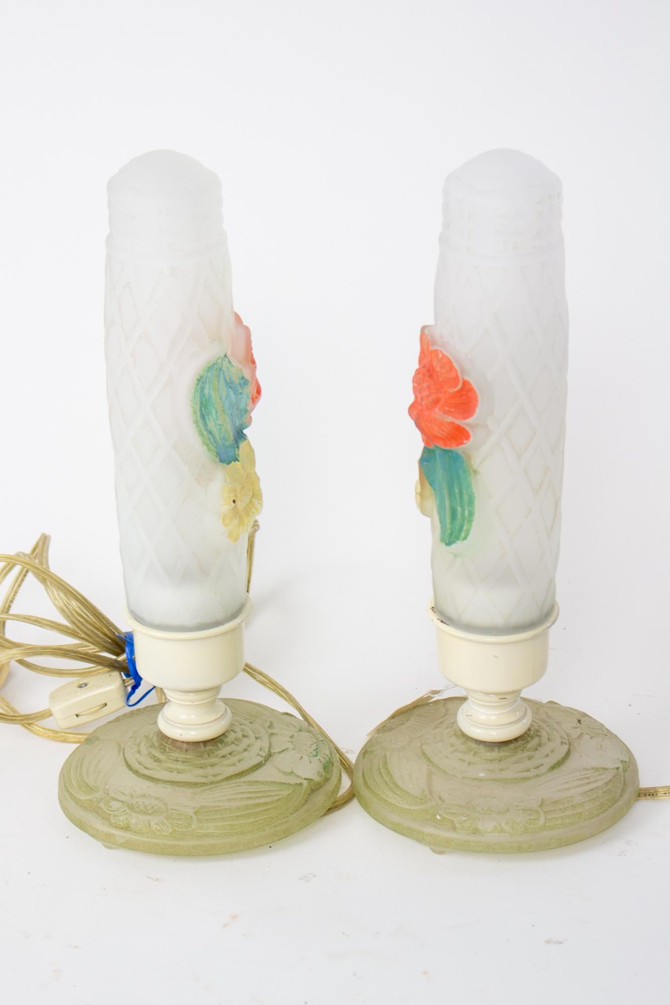 20th Century 1930's Frosted Glass Floral Boudoir Lamps - a Pair For Sale