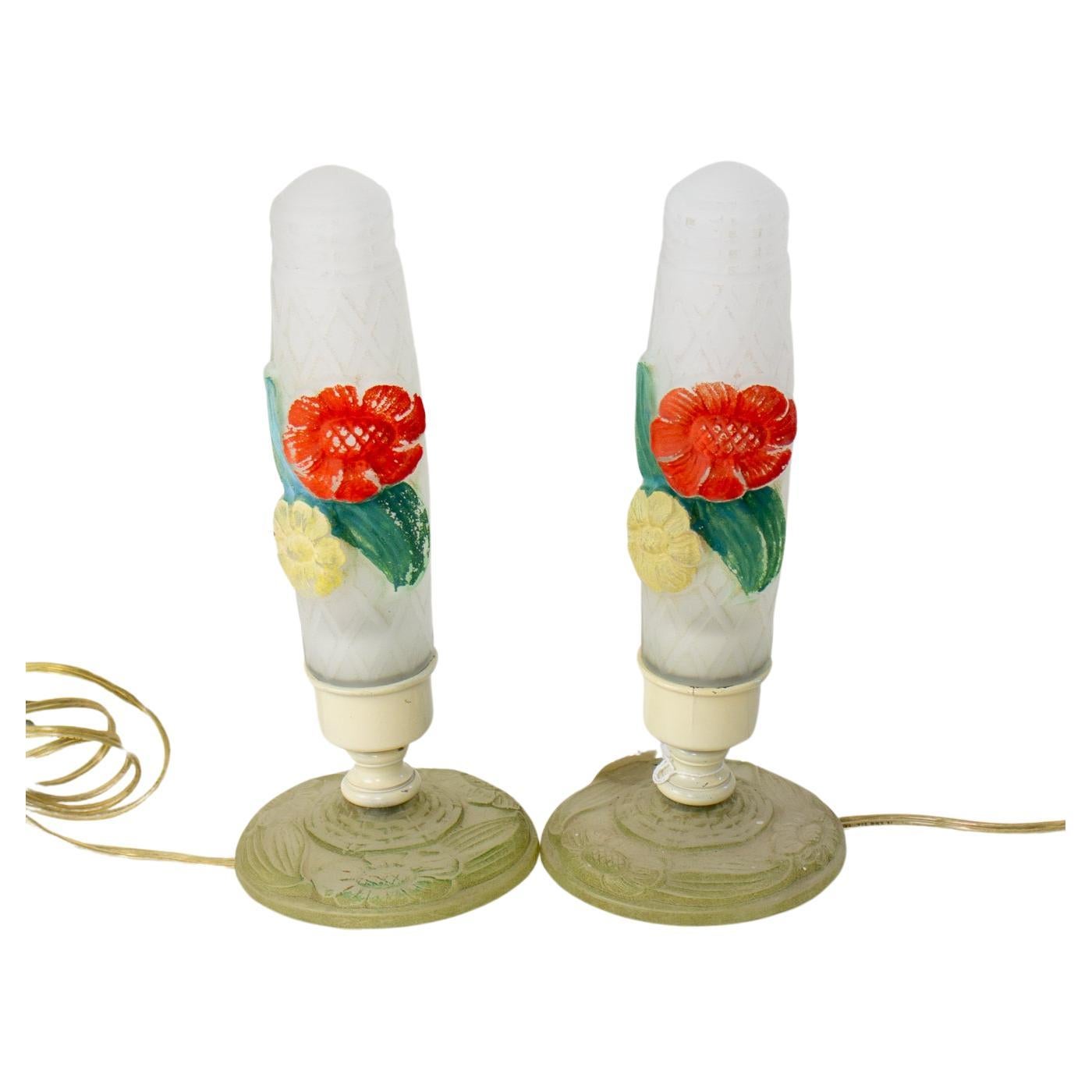 1930's Frosted Glass Floral Boudoir Lamps - a Pair For Sale