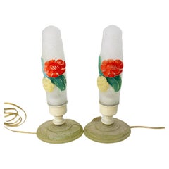 Antique 1930's Frosted Glass Floral Boudoir Lamps - a Pair