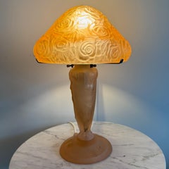 1930s Frosted Glass “Mushroom” Lamp with Nude Female Decoration on Pink Backgrou