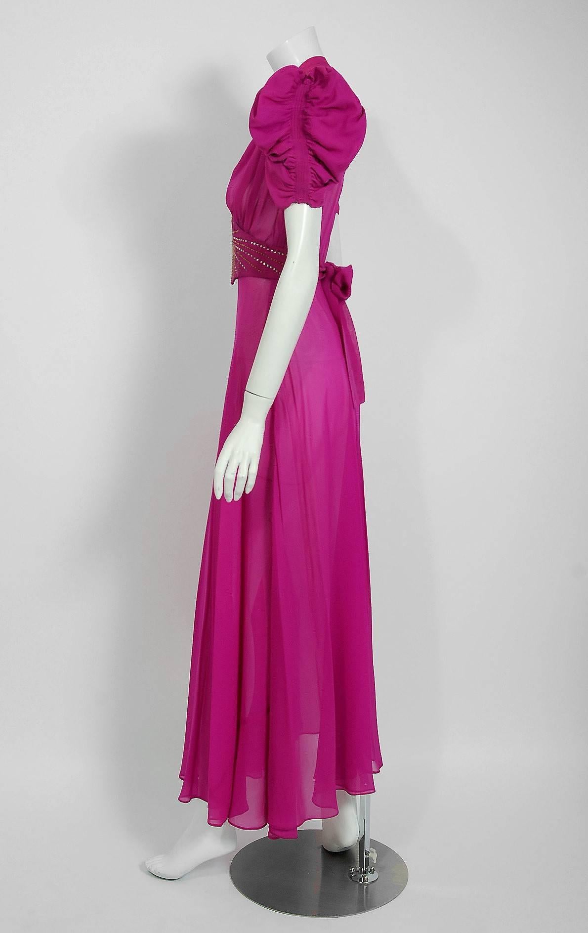 Women's 1930's Fuchsia Pink Rhinestone Studded Silk Chiffon Puff-Sleeve Belted Deco Gown