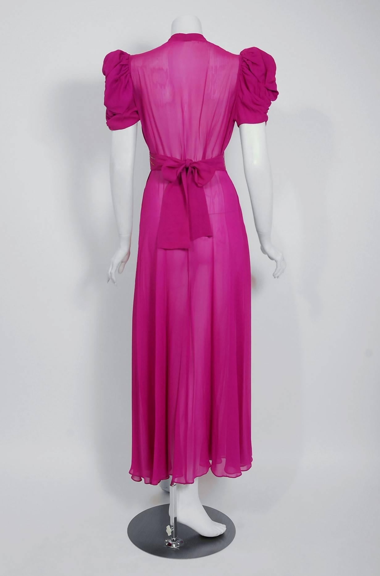 1930's Fuchsia Pink Rhinestone Studded Silk Chiffon Puff-Sleeve Belted Deco Gown 1