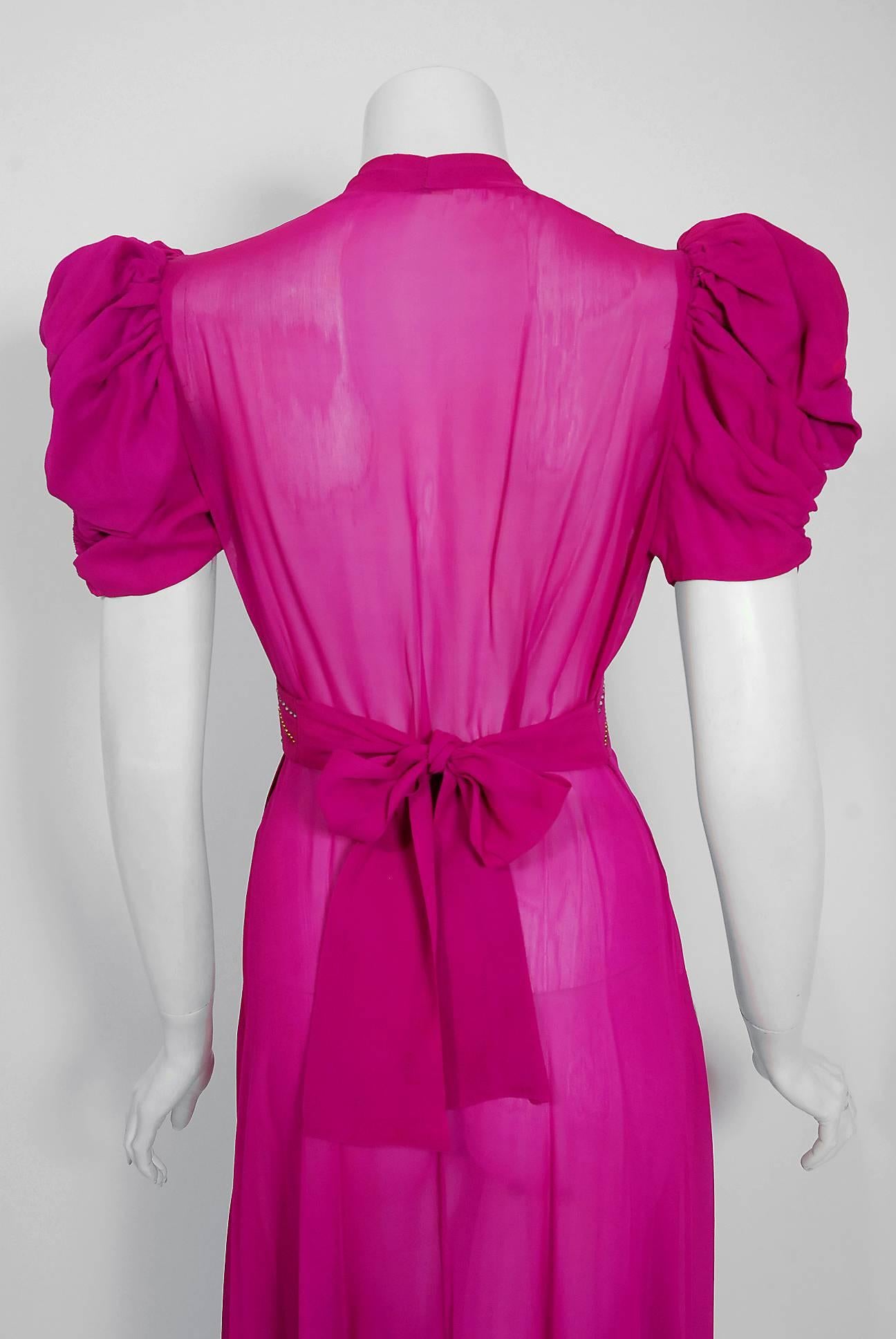 1930's Fuchsia Pink Rhinestone Studded Silk Chiffon Puff-Sleeve Belted Deco Gown 2