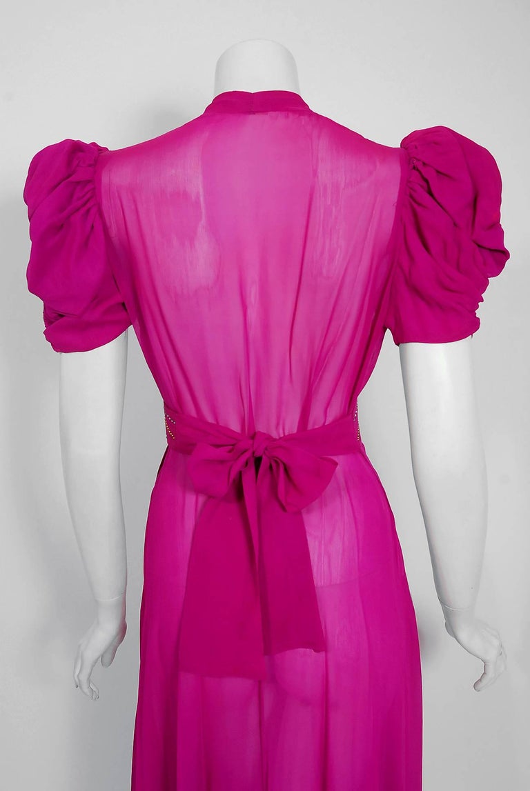 1930's Fuchsia Pink Rhinestone Studded Silk Chiffon Puff-Sleeve Belted ...