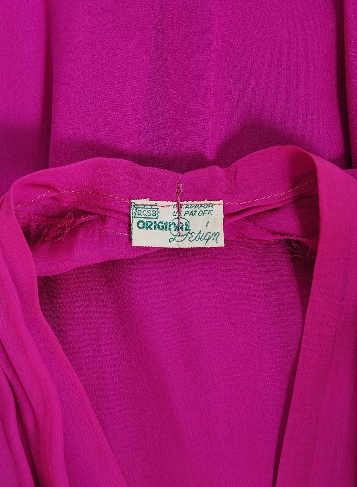 1930's Fuchsia Pink Rhinestone Studded Silk Chiffon Puff-Sleeve Belted Deco Gown 3