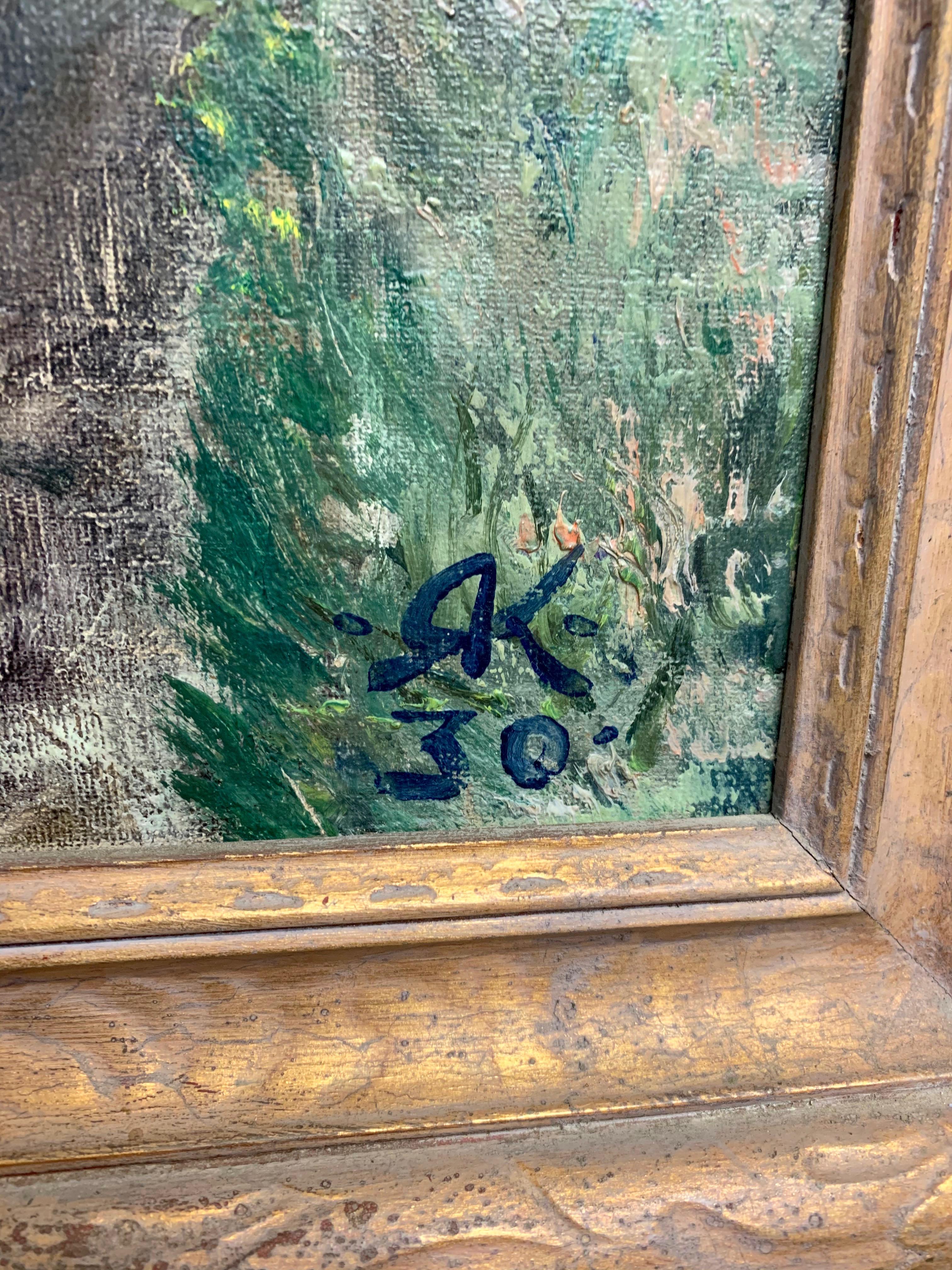 Peinture de jardin des années 1930 par Richard Kollorsz Bon état - En vente à Denton, TX
