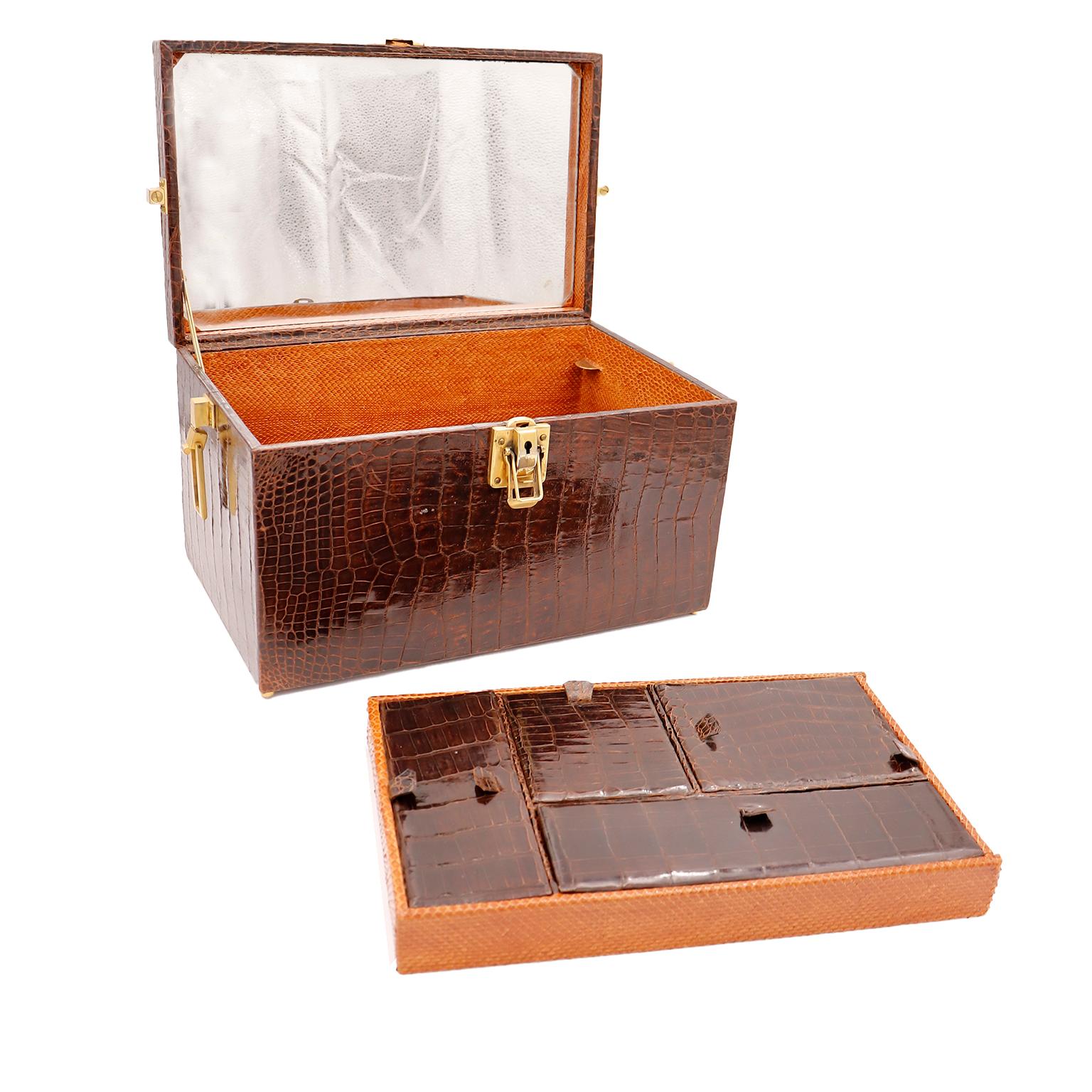 This exceptional vintage alligator train case once belonged to an elegant Countess who lived in London and Manhattan from the late 1800's through the mid 20th Century. She traveled with Goyard trunks and had nothing but the finest accessories. This