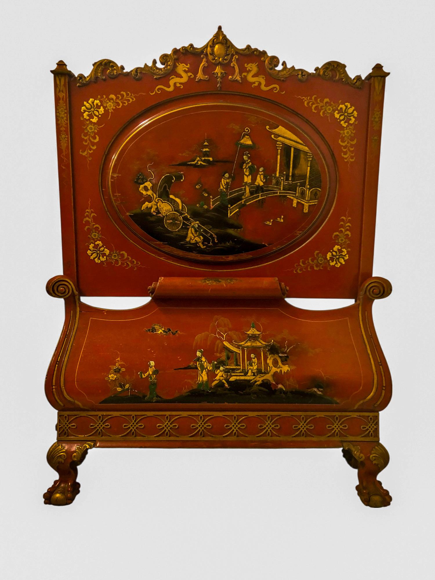 This is a pair of 1930s Georgian style red lacquer and gilt painted chinoiserie twin headboards. They make a bold statement! Each bed has its own hand painted pastoral scene. They do have the rails. The frames have general age appropriate wear. No