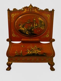 1930s Georgian Style Ball & Claw Red Chinoiserie Twin Bed Frames - Pair