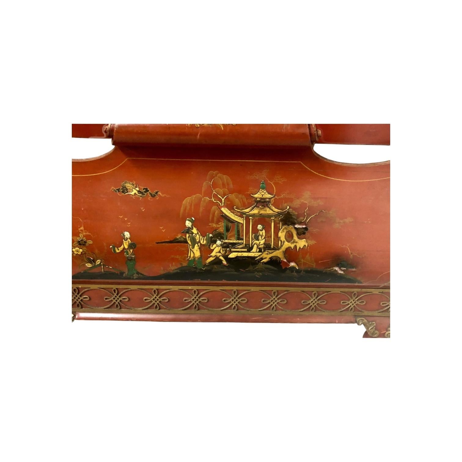 1930s Georgian Style Ball & Claw Red Chinoiserie Twin Bed Frames - Pair In Good Condition For Sale In Kennesaw, GA