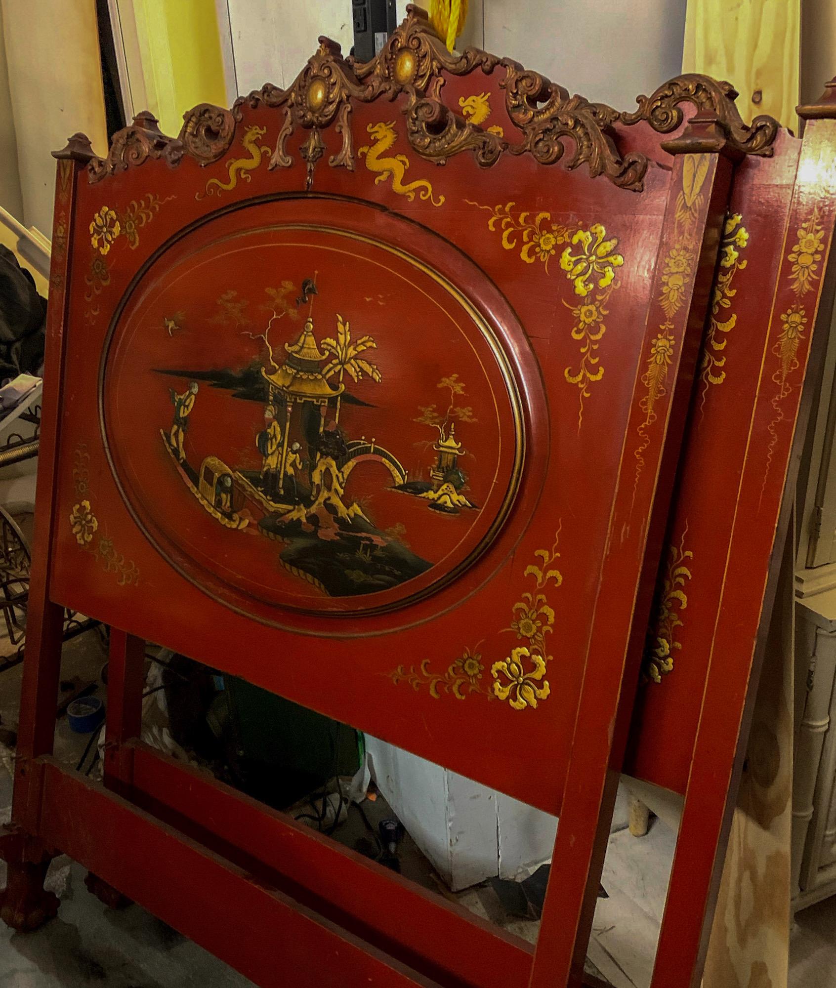 20th Century 1930s Georgian Style Ball & Claw Red Chinoiserie Twin Bed Frames - Pair For Sale