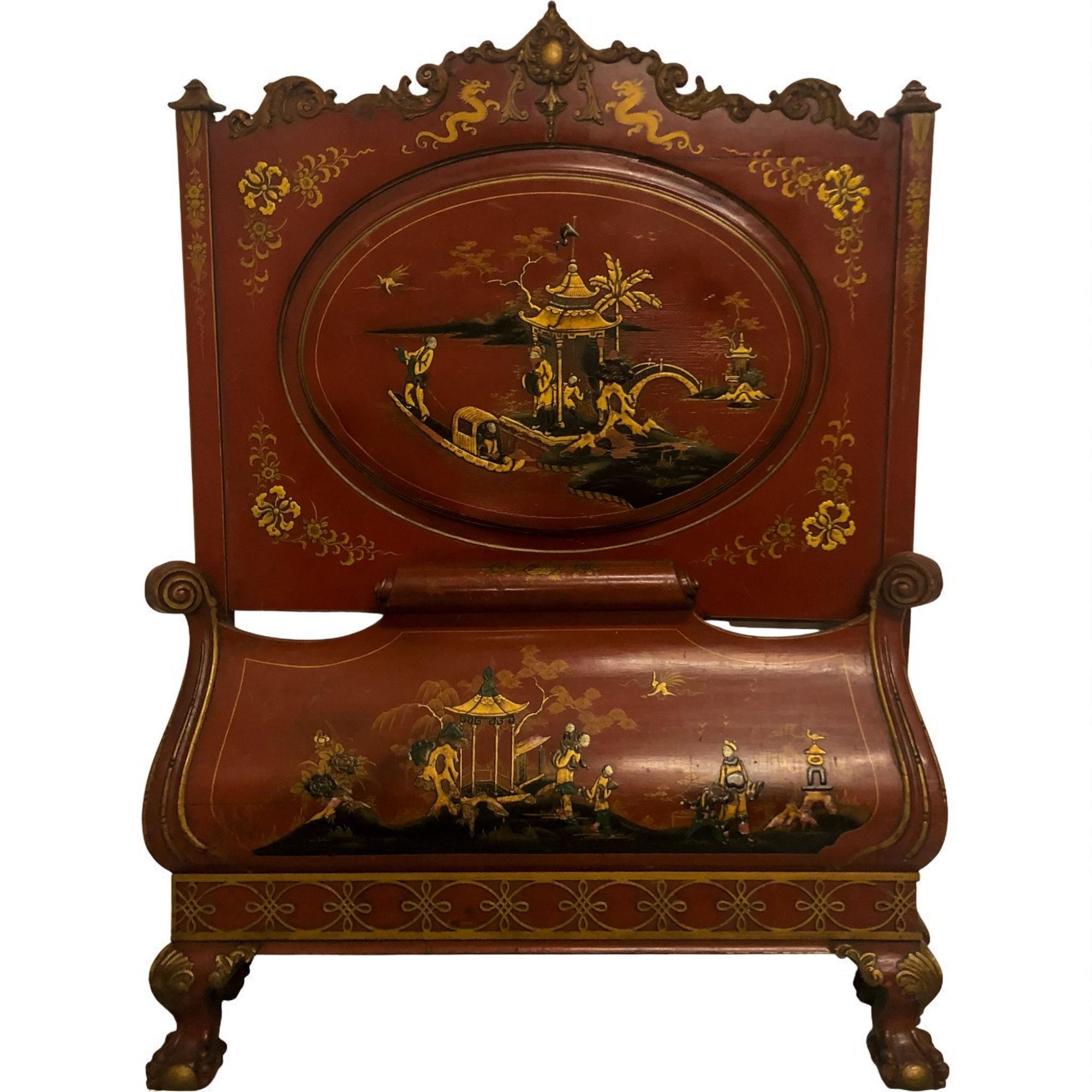 Wood 1930s Georgian Style Ball & Claw Red Chinoiserie Twin Bed Frames - Pair For Sale