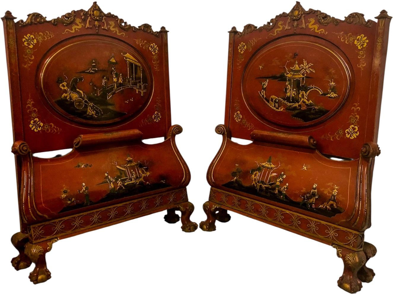 1930s Georgian Style Ball & Claw Red Chinoiserie Twin Bed Frames - Pair For Sale 1