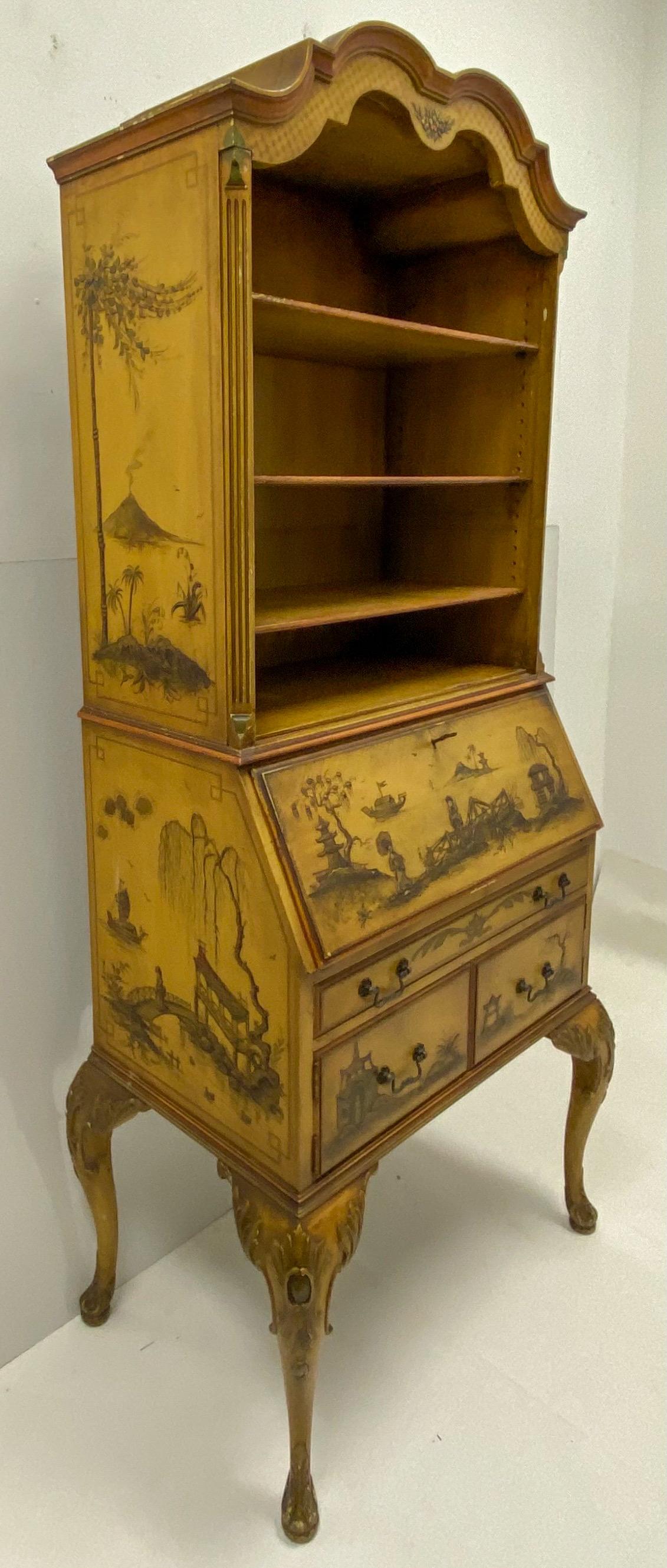 Italian 1930s Georgian Style Painted Chinoiserie Secretary Desk with Bookcase For Sale