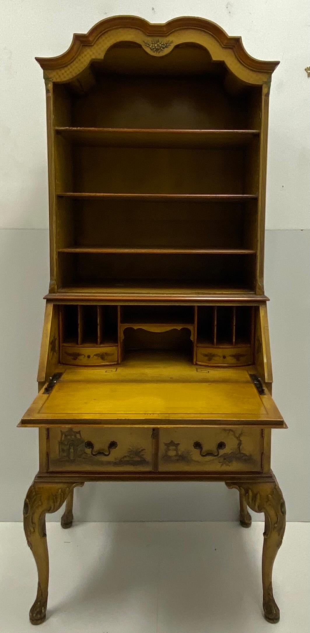 1930s Georgian Style Painted Chinoiserie Secretary Desk with Bookcase In Good Condition In Kennesaw, GA
