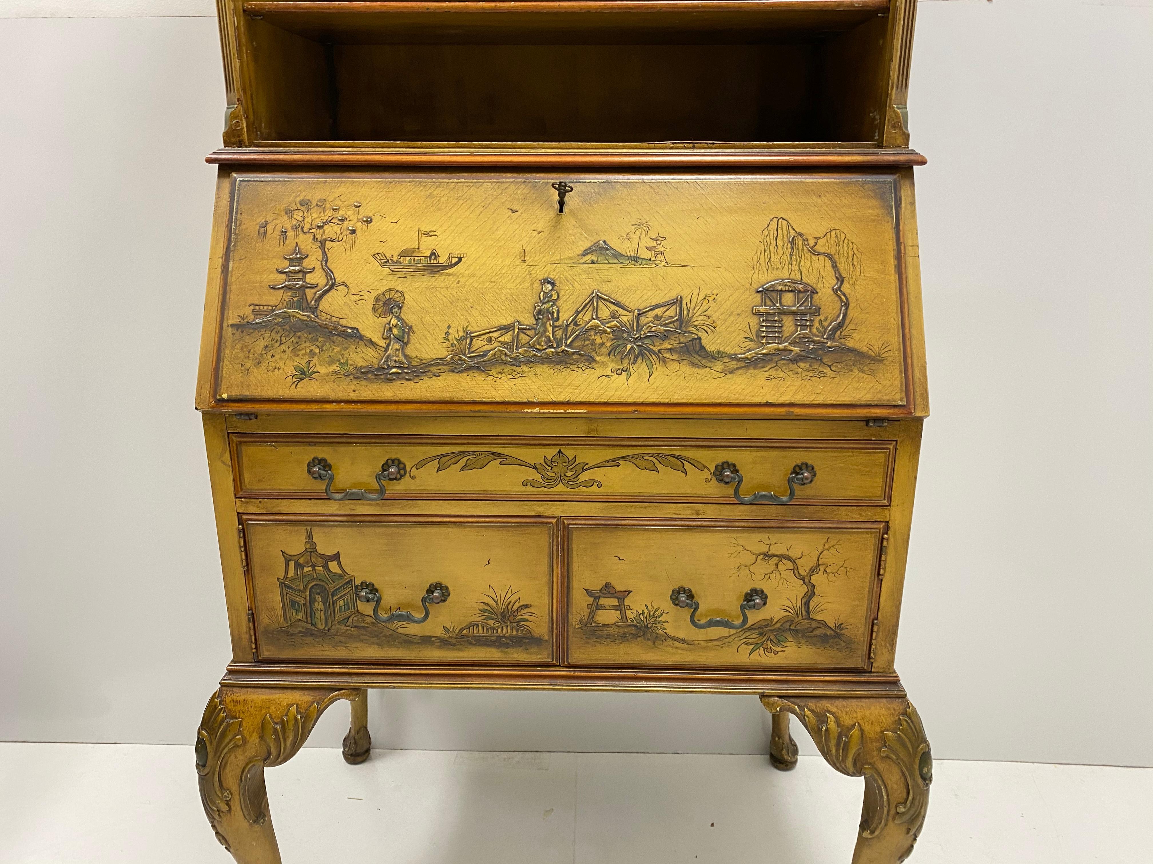 Mid-20th Century 1930s Georgian Style Painted Chinoiserie Secretary Desk with Bookcase For Sale