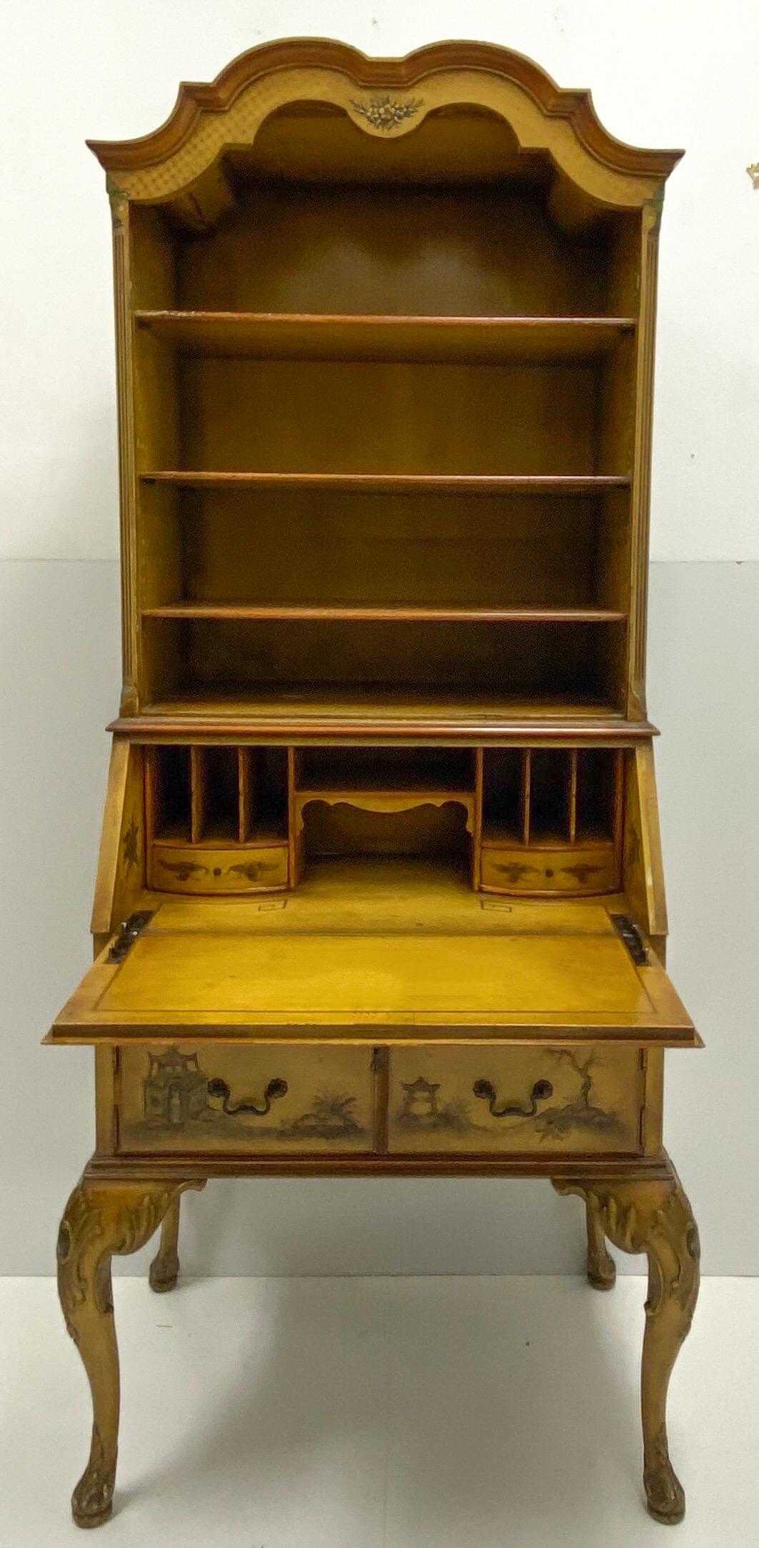 Wood 1930s Georgian Style Painted Chinoiserie Secretary Desk with Bookcase For Sale