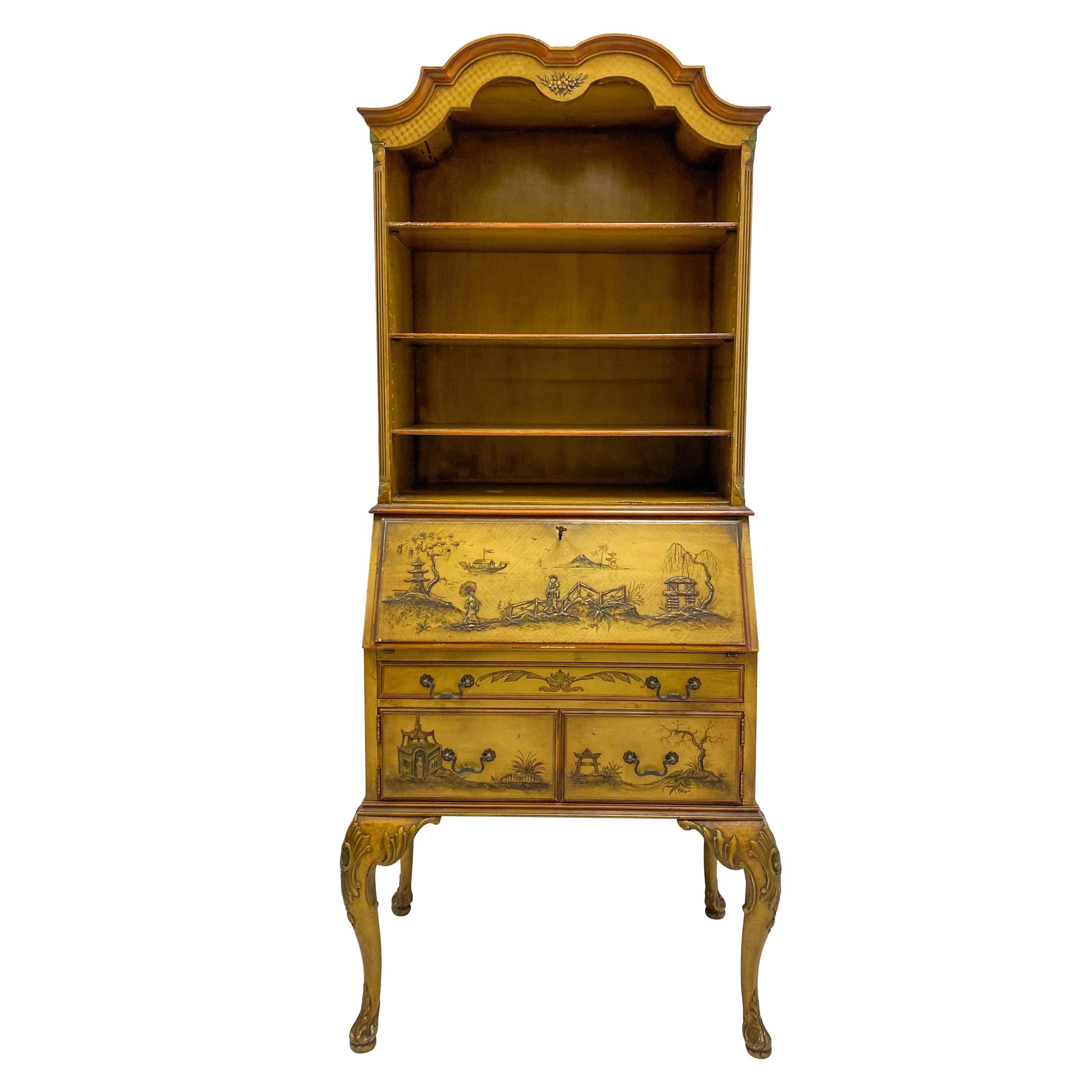 1930s Georgian Style Painted Chinoiserie Secretary Desk with Bookcase For Sale