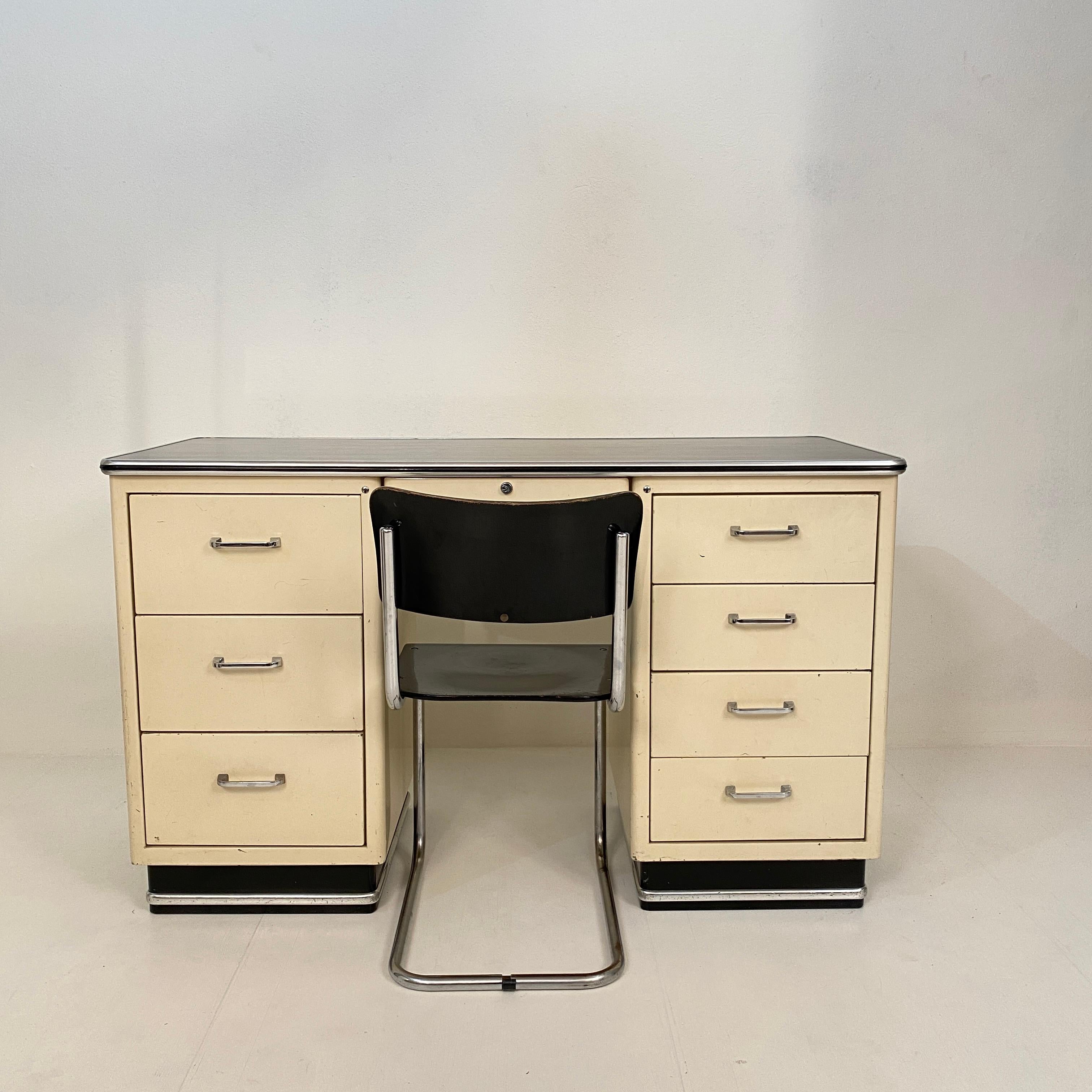 Mid-20th Century 1930s German Bauhaus Desk Out of White Lacquered Metal and a Black Linoleum Top
