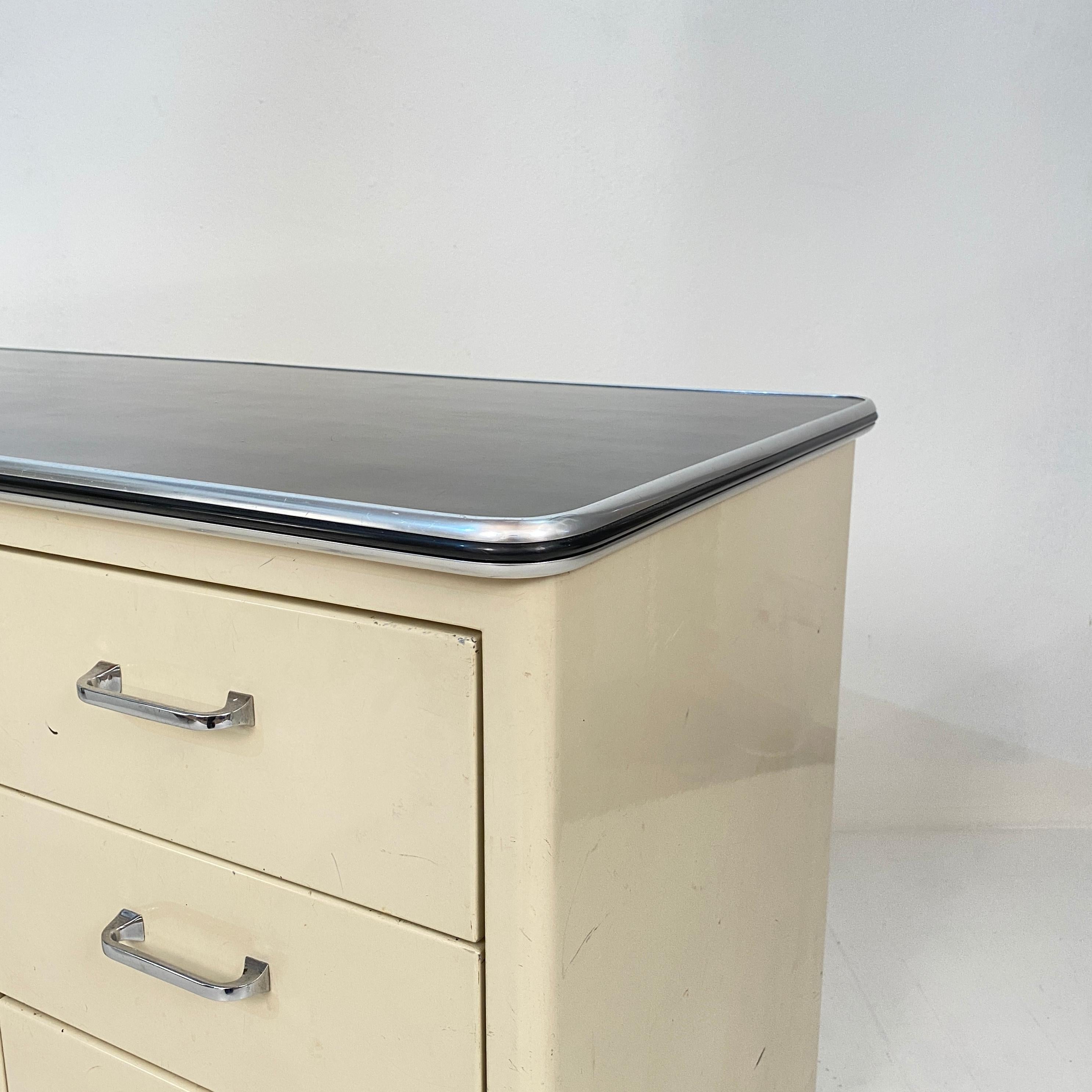 Chrome 1930s German Bauhaus Desk Out of White Lacquered Metal and a Black Linoleum Top