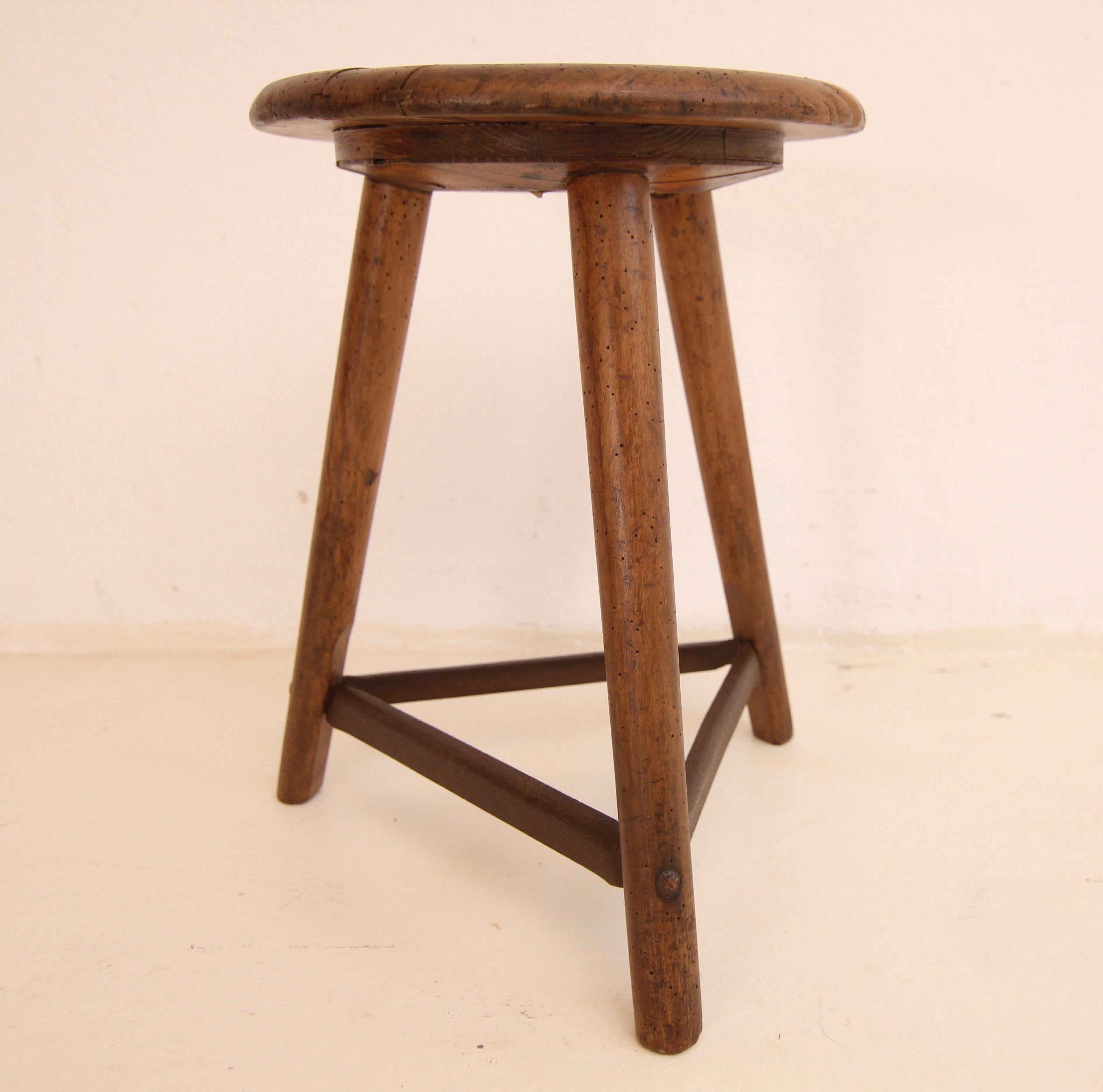 Metal 1930`s German Industrial AMA Tripod Wooden Stool For Sale