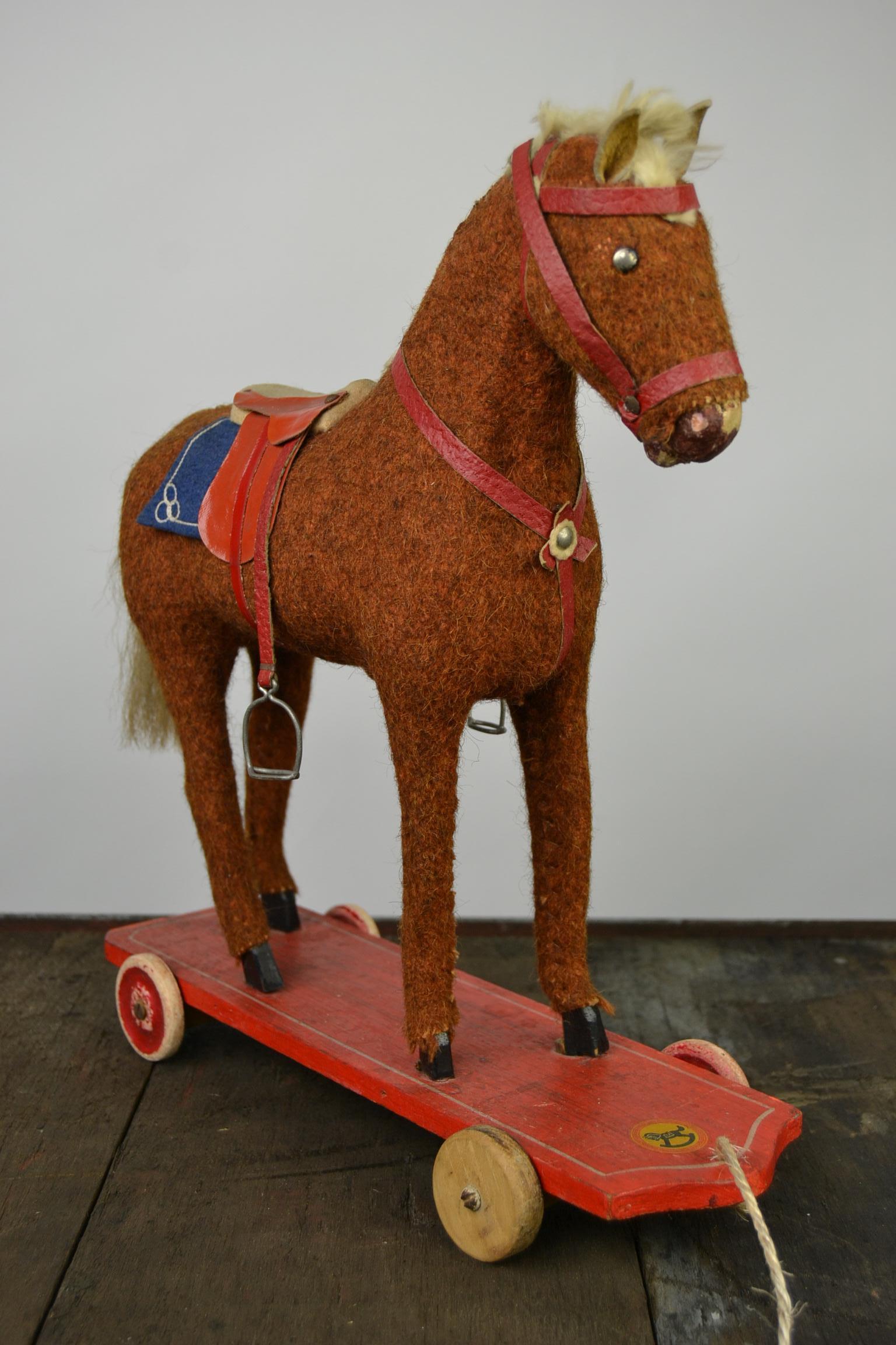 1930s German Pull Toy Horse , Burlap Over Wood For Sale 1