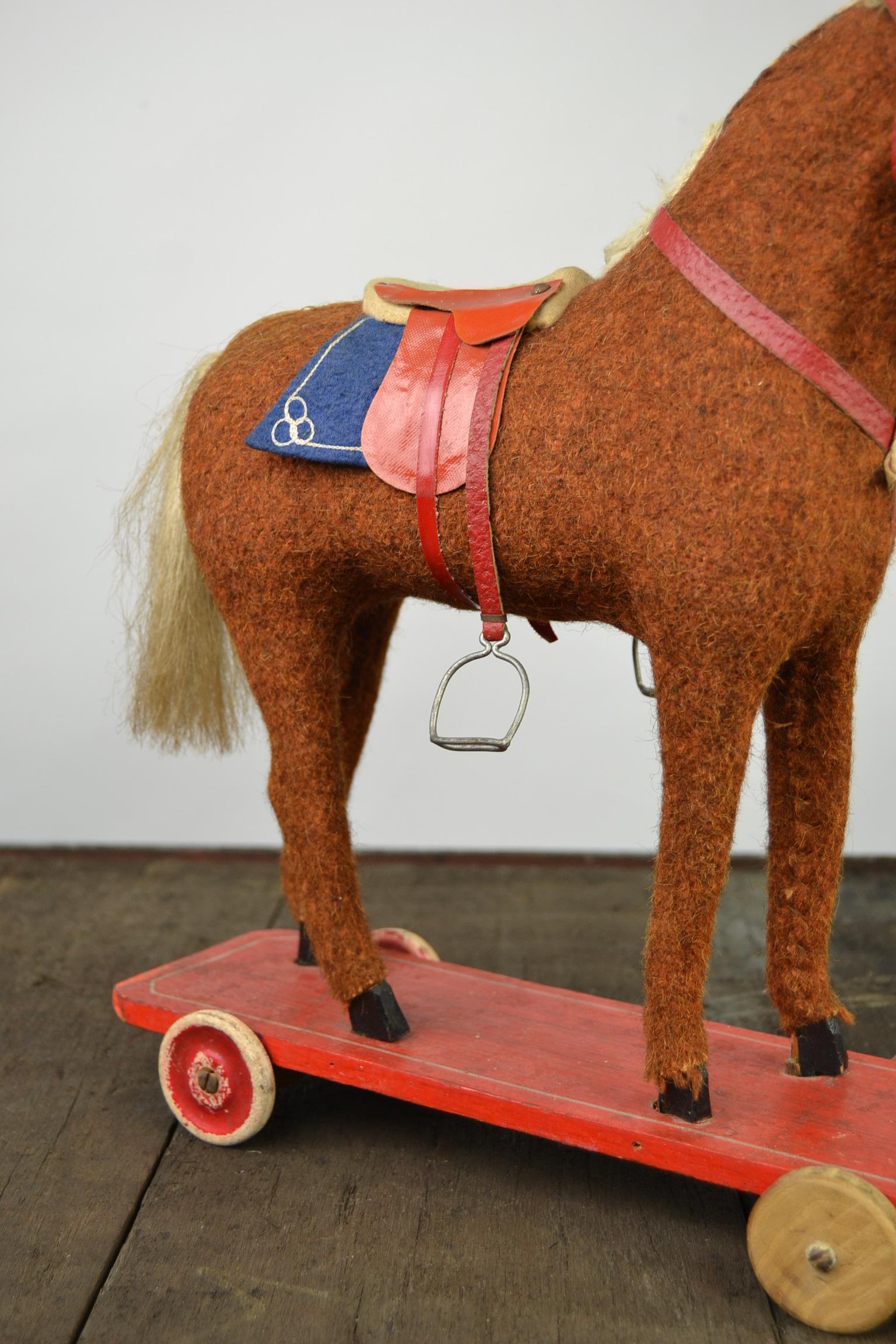 1930s German Pull Toy Horse , Burlap Over Wood For Sale 2