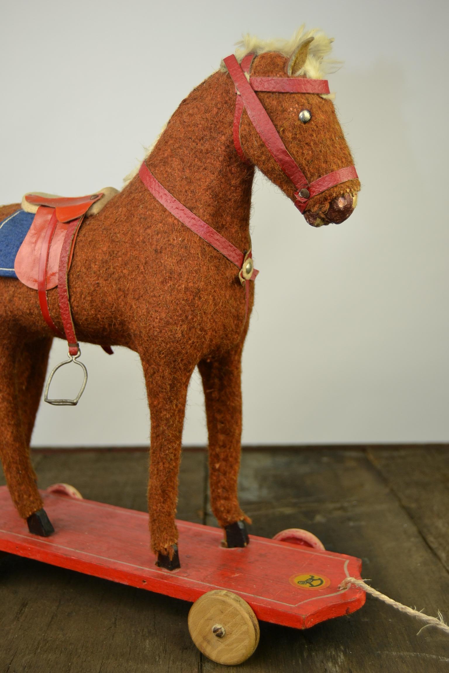 1930s German Pull Toy Horse , Burlap Over Wood For Sale 3