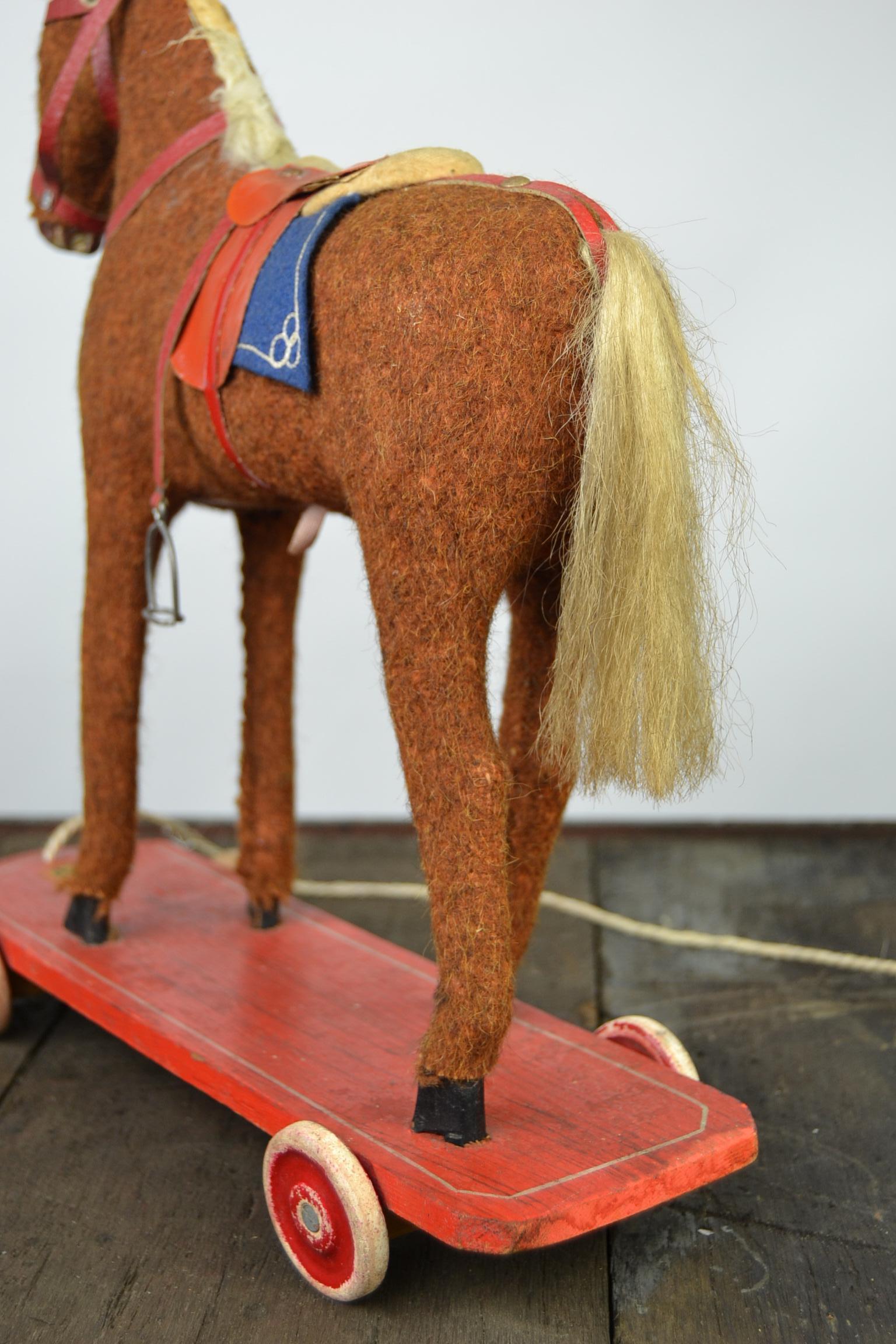 1930s German Pull Toy Horse , Burlap Over Wood For Sale 8