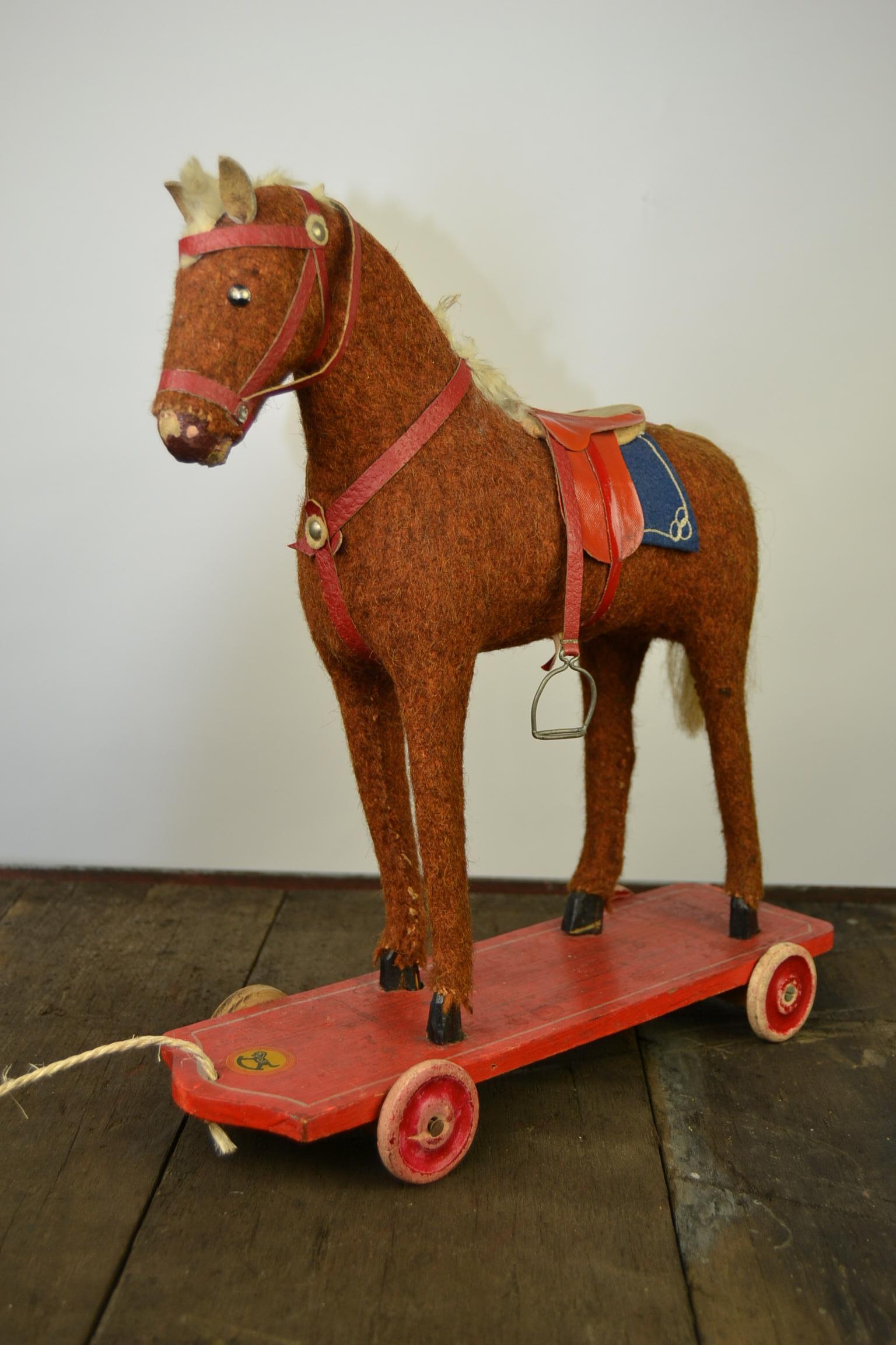 1930s German Pull Toy Horse , Burlap Over Wood For Sale 11