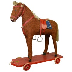 Vintage 1930s German Pull Toy Horse , Burlap Over Wood