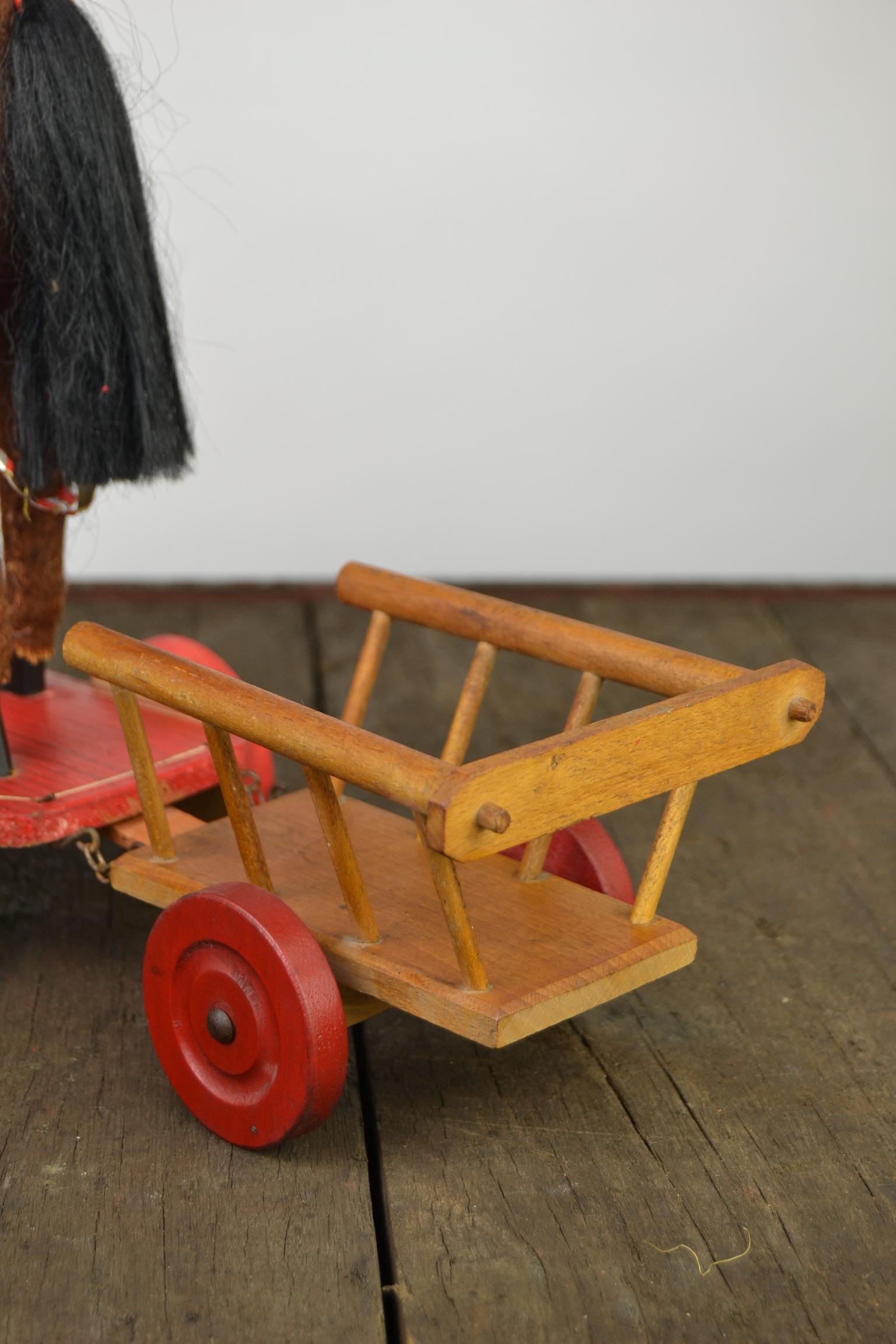 1930s German Pull Toy Horse with Cart, Burlap over Wood For Sale 9