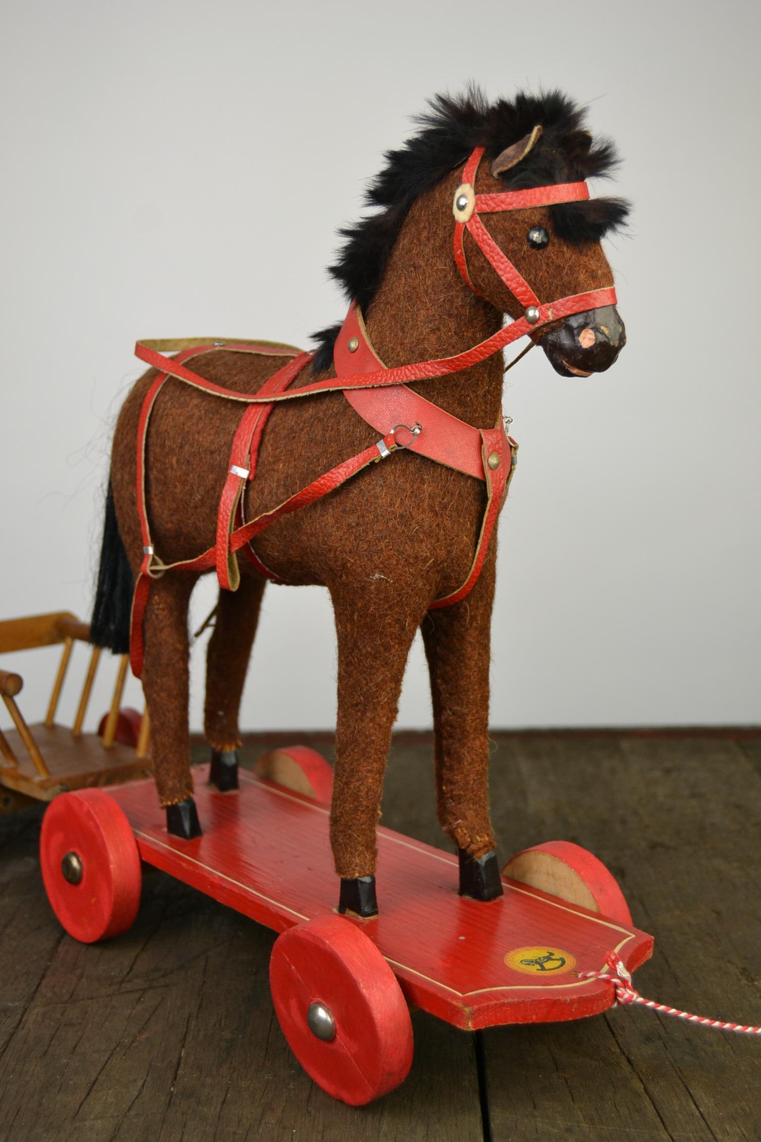 20th Century 1930s German Pull Toy Horse with Cart, Burlap over Wood For Sale